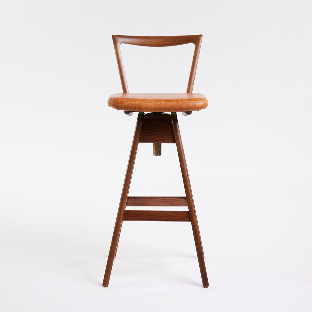 TH Brown Danish Bar Stool in Dark Ash with Oak Brown leather upholstery, iconic Australian mid-century modern furniture handcrafted in Adelaide