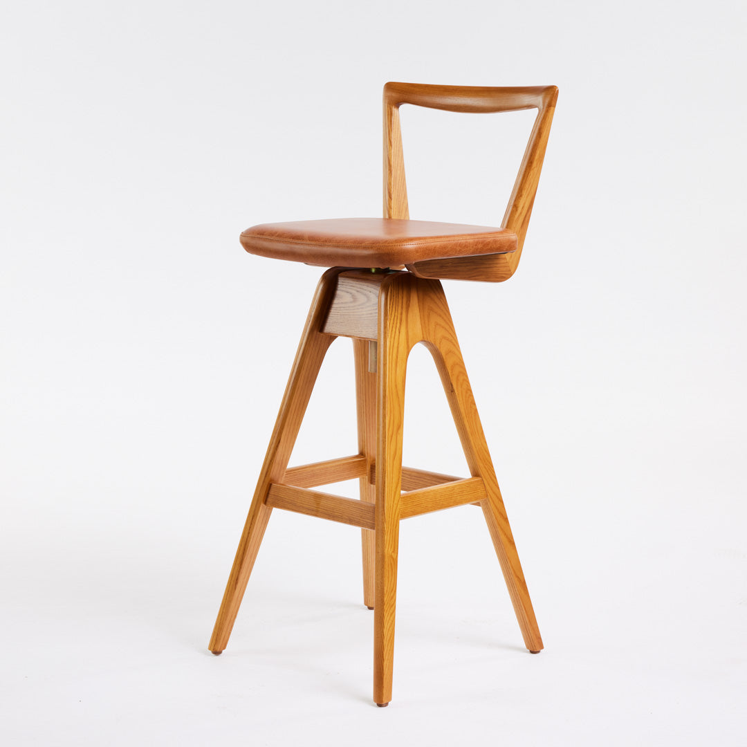 TH Brown Danish Bar Stool in Light Ash with Oak Brown upholstery, handcrafted Australian furniture made in Adelaide