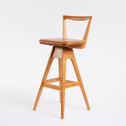 TH Brown Danish Bar Stool in Teak with Oak Brown upholstery, handcrafted furniture made in Adelaide, Australia