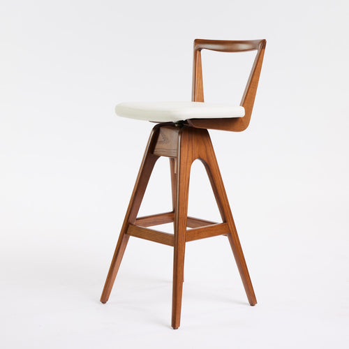 TH Brown Danish Bar Stool in Dark Ash timber with white leather seat, side view of the iconic Australian mid century modern design.