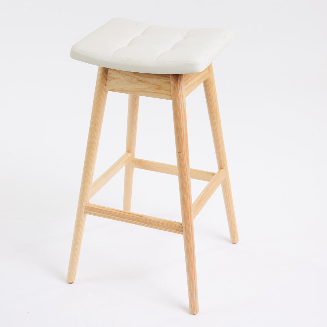 TH Brown Martelle Bar Stool in Arctic White with Clear Ash frame, blending crisp upholstery and natural timber for fresh modern Australian living.