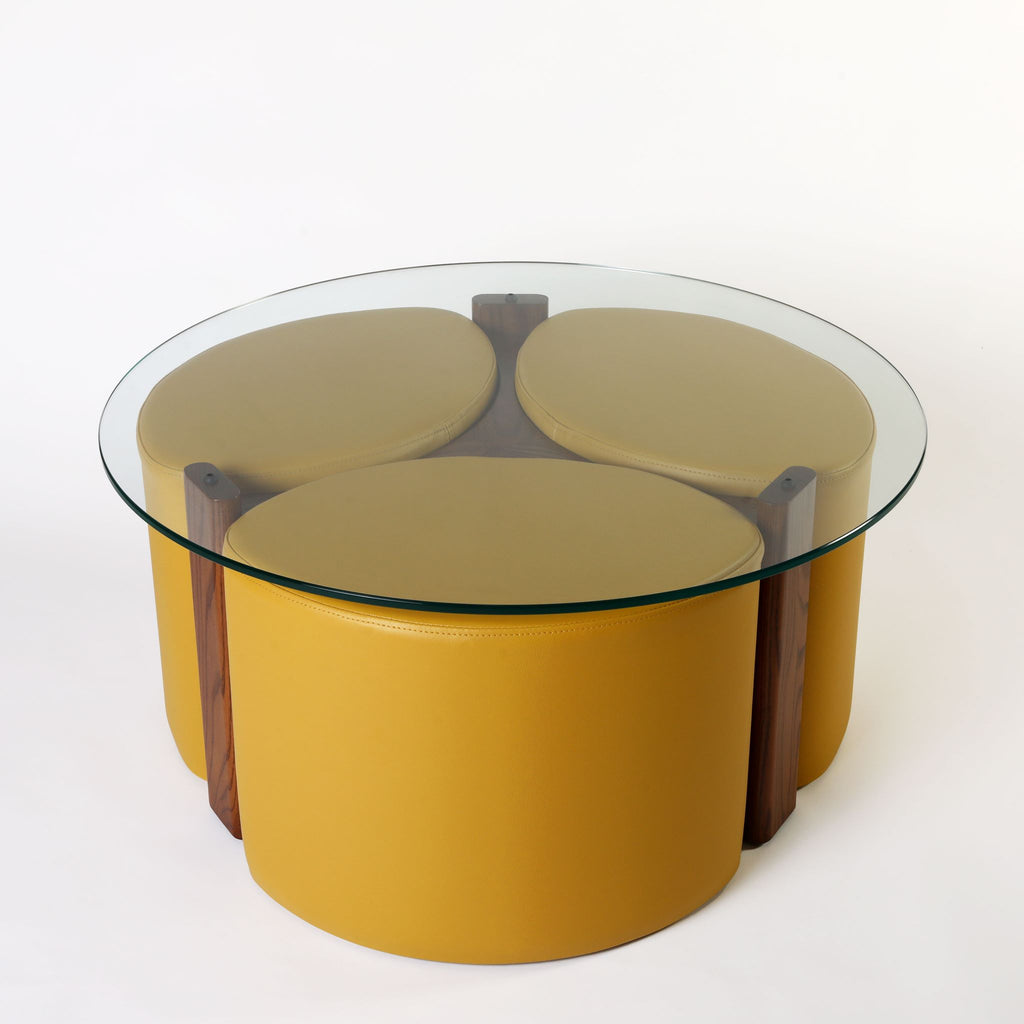 TH Brown Rondo Coffee Table in Dark Ash and Mustard, blending natural timber warmth with golden tones for playful modern Australian living.