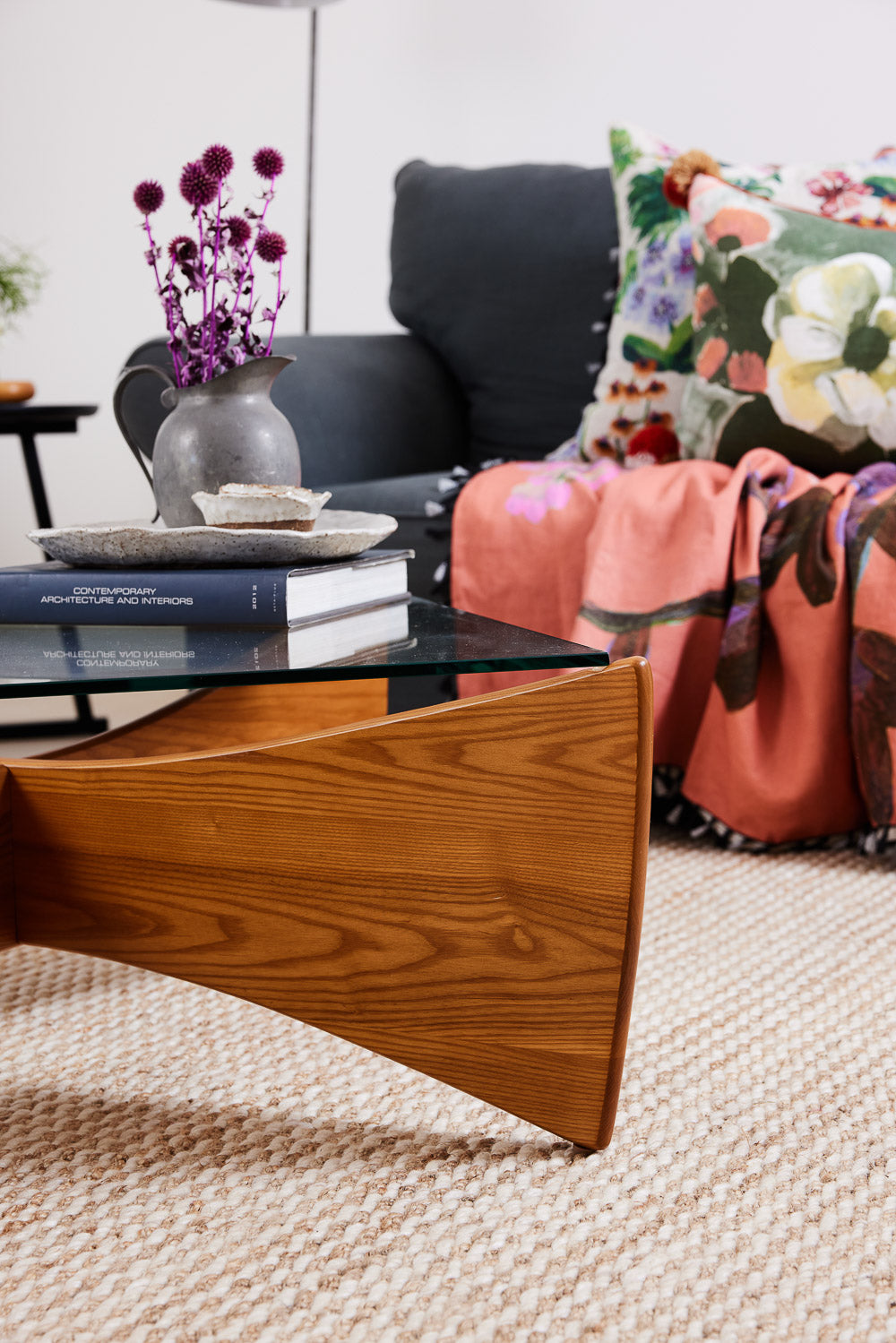 TH Brown Venus Coffee Table in Teak Ash with Grey Glass, blending warm timber tones and sculptural form for refined modern Australian living.